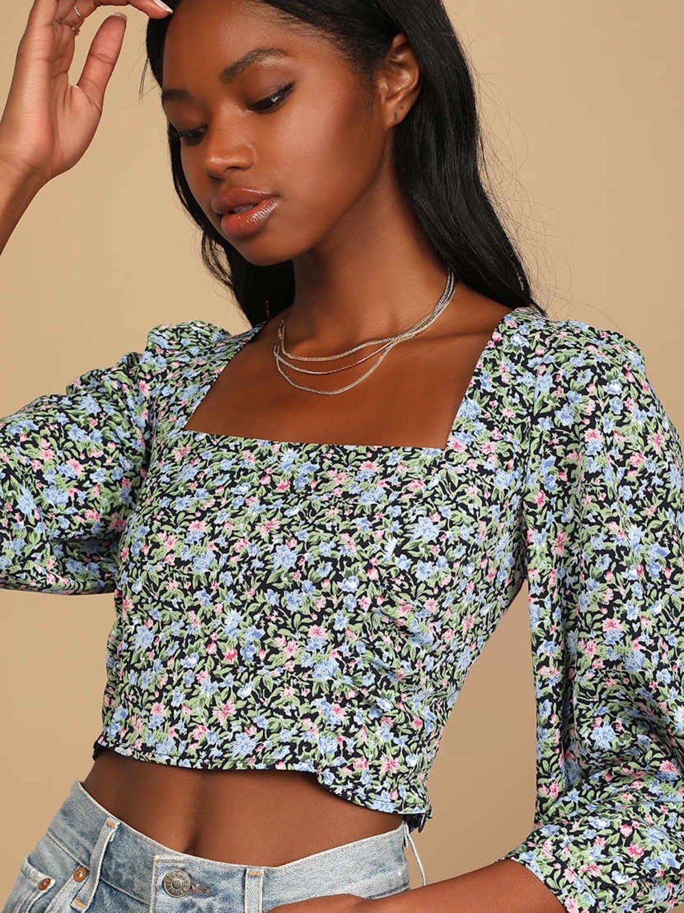 Even Sweeter Black Floral Print Three-Quarter Sleeve Crop Top Lulus